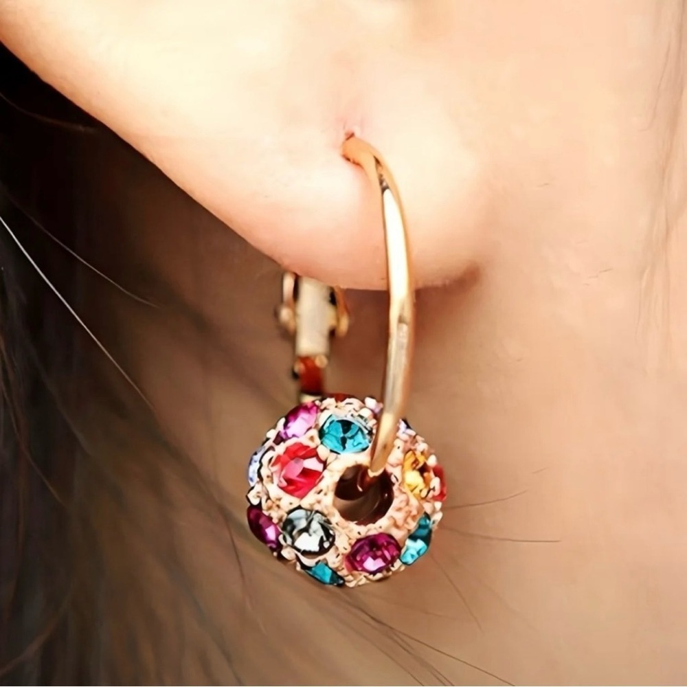 Crystal Ball Hoop Earrings Rhinestones Gold Boho Chic - Picture 6 of 6